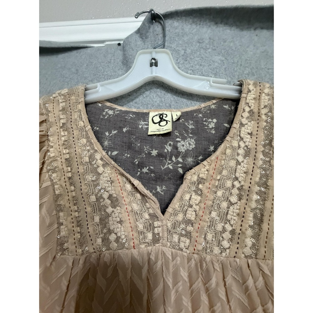 One September Dress Womens L Beige Chevron Sequin V Neck Long Sleeve Shift Boho - Picture 11 of 13